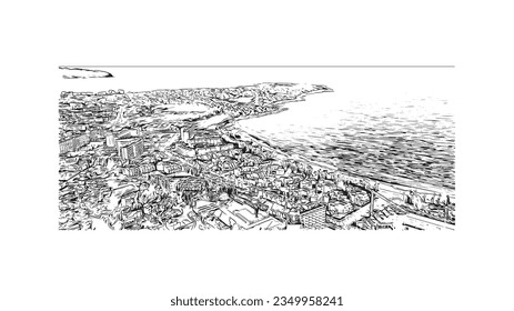 Building view with landmark of Sa Coma is the town in Spain. Hand drawn sketch illustration in vector.