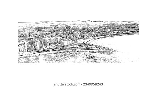 Building view with landmark of Sa Coma is the town in Spain. Hand drawn sketch illustration in vector.