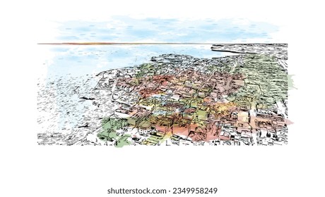 Building view with landmark of Sa Coma is the town in Spain. Watercolor splash with hand drawn sketch illustration in vector.