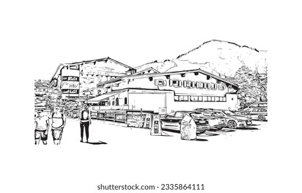 Building view with landmark of Saalbach Hinterglemm is the 
municipality in Austria.
Hand drawn sketch illustration in vector.