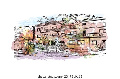 Building view with landmark of Saalbach is the municipality in Austria. Watercolor splash with hand drawn sketch illustration in vector.