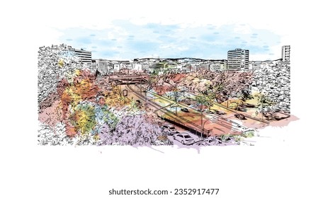 Building view with landmark of Saarbruck is the city in Germany.
Watercolor splash with hand drawn sketch illustration in vector.