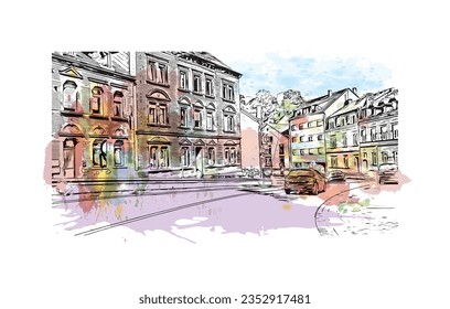Building view with landmark of Saarbruck is the city in Germany.
Watercolor splash with hand drawn sketch illustration in vector.