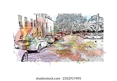 Building view with landmark of Saarbruck is the city in Germany.
Watercolor splash with hand drawn sketch illustration in vector.