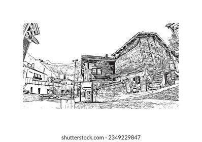 Building view with landmark of Saas Fee is the village in Switzerland. Hand drawn sketch illustration in vector.