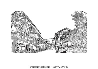 Building view with landmark of Saas Fee is the village in Switzerland. Hand drawn sketch illustration in vector.