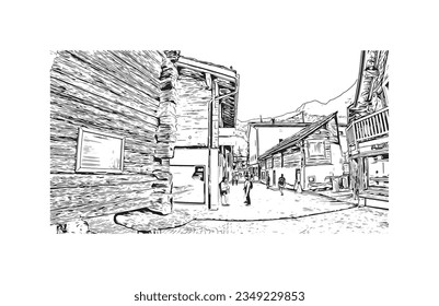 Building view with landmark of Saas Fee is the village in Switzerland. Hand drawn sketch illustration in vector.