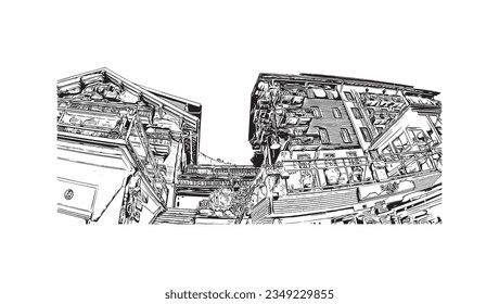 Building view with landmark of Saas Fee is the village in Switzerland. Hand drawn sketch illustration in vector.