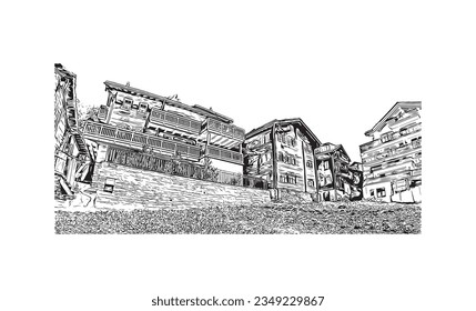Building view with landmark of Saas Fee is the village in Switzerland. Hand drawn sketch illustration in vector.