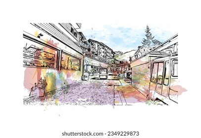Bausicht mit Wahrzeichen von Saas Fee ist das Dorf in der Schweiz. Aquarellspritzer mit handgezeichneter Skizzengrafik in Vektorgrafik.