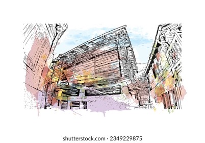 La villa de Suiza es un edificio con vistas a un monumento de Saas Fee. Salto de color de agua con ilustración de esbozo dibujada a mano en vector.