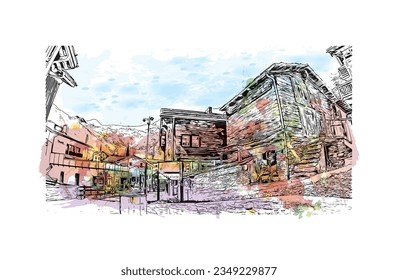 La villa de Suiza es un edificio con vistas a un monumento de Saas Fee. Salto de color de agua con ilustración de esbozo dibujada a mano en vector.