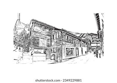 Building view with landmark of Saas Fee is the village in Switzerland. Hand drawn sketch illustration in vector.