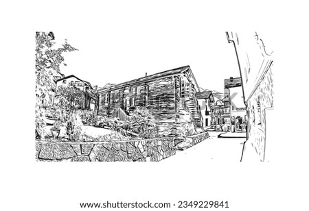 Building view with landmark of Saas Fee is the village in Switzerland. Hand drawn sketch illustration in vector.