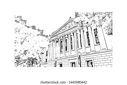 Building view with landmark of Sacramento, capital of the U.S. state of California. Hand drawn sketch illustration in vector.