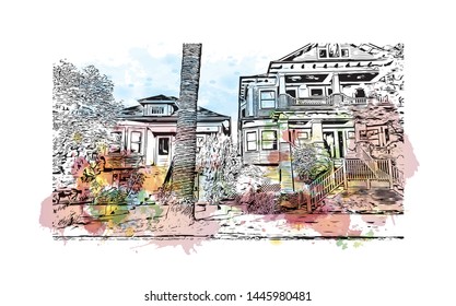 Building view with landmark of Sacramento, capital of the U.S. state of California. Watercolor splash with Hand drawn sketch illustration in vector.