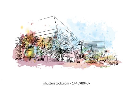 Building view with landmark of Sacramento, capital of the U.S. state of California. Watercolor splash with Hand drawn sketch illustration in vector.