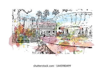 Building view with landmark of Sacramento, capital of the U.S. state of California. Watercolor splash with Hand drawn sketch illustration in vector.