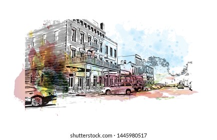 Building view with landmark of Sacramento, capital of the U.S. state of California. Watercolor splash with Hand drawn sketch illustration in vector.