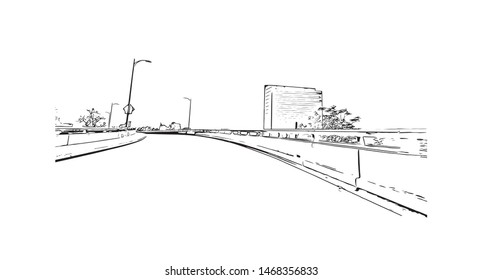 Building view with landmark of Sacramento, capital of the U.S. state of California. Hand drawn sketch illustration in vector.