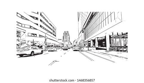 Building view with landmark of Sacramento, capital of the U.S. state of California. Hand drawn sketch illustration in vector.