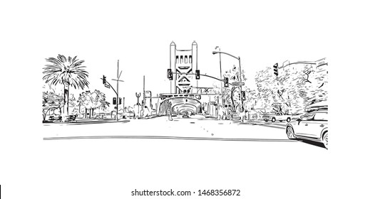 Building view with landmark of Sacramento, capital of the U.S. state of California. Hand drawn sketch illustration in vector.