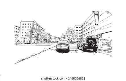 Building view with landmark of Sacramento, capital of the U.S. state of California. Hand drawn sketch illustration in vector.
