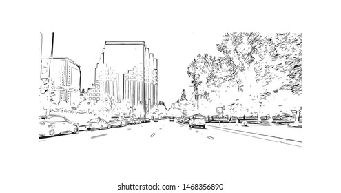Building view with landmark of Sacramento, capital of the U.S. state of California. Hand drawn sketch illustration in vector.