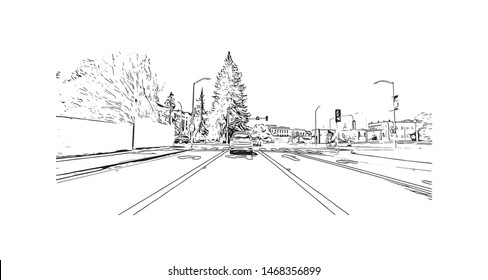 Building view with landmark of Sacramento, capital of the U.S. state of California. Hand drawn sketch illustration in vector.