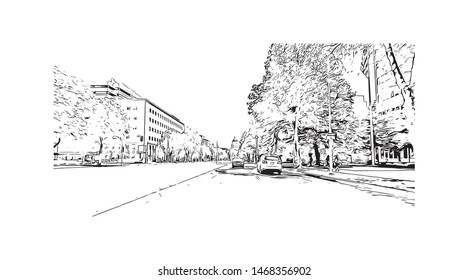 Building view with landmark of Sacramento, capital of the U.S. state of California. Hand drawn sketch illustration in vector.