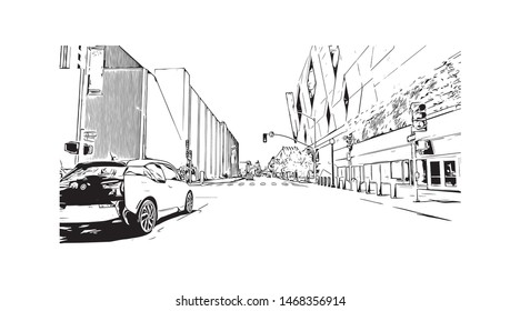 Building view with landmark of Sacramento, capital of the U.S. state of California. Hand drawn sketch illustration in vector.