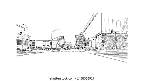 Building view with landmark of Sacramento, capital of the U.S. state of California. Hand drawn sketch illustration in vector.