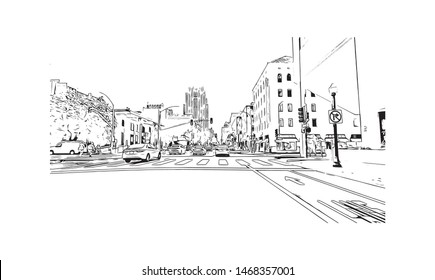 Building view with landmark of Sacramento, capital of the U.S. state of California. Hand drawn sketch illustration in vector.