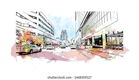Building view with landmark of Sacramento, capital of the U.S. state of California. Watercolor splash with Hand drawn sketch illustration in vector.