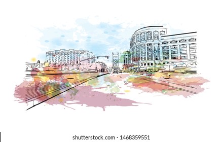 Building view with landmark of Sacramento, capital of the U.S. state of California. Watercolor splash with Hand drawn sketch illustration in vector.