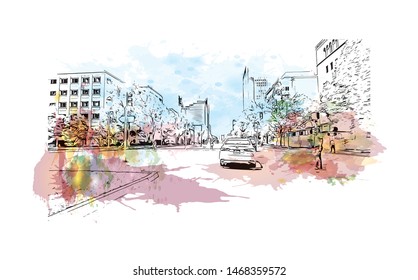 Building view with landmark of Sacramento, capital of the U.S. state of California. Watercolor splash with Hand drawn sketch illustration in vector.