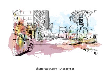 Building view with landmark of Sacramento, capital of the U.S. state of California. Watercolor splash with Hand drawn sketch illustration in vector.