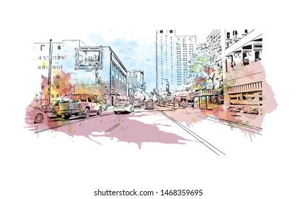 Building view with landmark of Sacramento, capital of the U.S. state of California. Watercolor splash with Hand drawn sketch illustration in vector.
