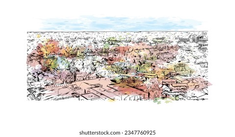La ciudad de Minnesota ofrece vistas panorámicas a San Pablo. Salto de color de agua con ilustración de esbozo dibujada a mano en vector.