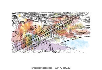 La ciudad de Minnesota ofrece vistas panorámicas a San Pablo. Salto de color de agua con ilustración de esbozo dibujada a mano en vector.