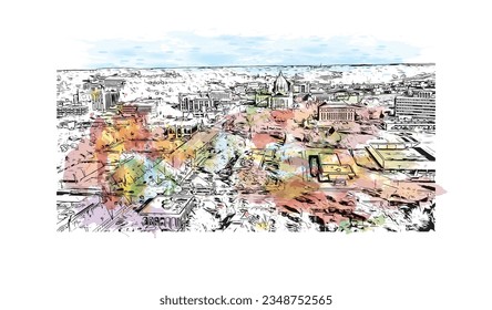 Building view with landmark of Saint Paul is the city in Minnesota. Watercolor splash with hand drawn sketch illustration in vector.
