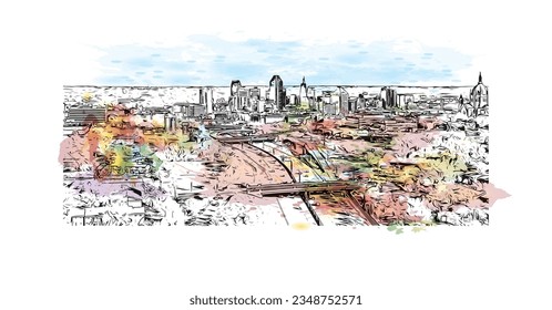 Building view with landmark of Saint Paul is the city in Minnesota. Watercolor splash with hand drawn sketch illustration in vector.