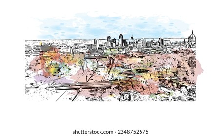 Building view with landmark of Saint Paul is the city in Minnesota. Watercolor splash with hand drawn sketch illustration in vector.