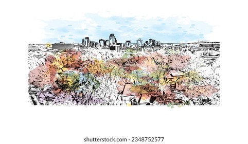 La ciudad de Minnesota ofrece vistas panorámicas a San Pablo. Salto de color de agua con ilustración de esbozo dibujada a mano en vector.