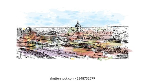 Building view with landmark of Saint Paul is the city in Minnesota. Watercolor splash with hand drawn sketch illustration in vector.