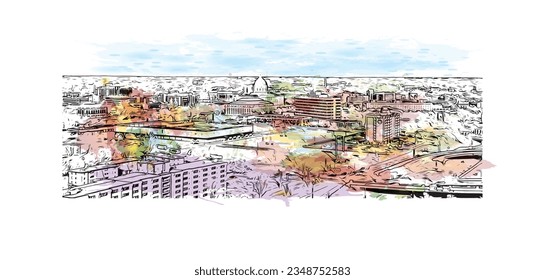 Building view with landmark of Saint Paul is the city in Minnesota. Watercolor splash with hand drawn sketch illustration in vector.