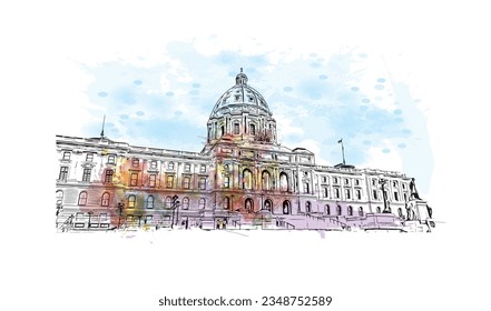 Building view with landmark of Saint Paul is the city in Minnesota. Watercolor splash with hand drawn sketch illustration in vector.