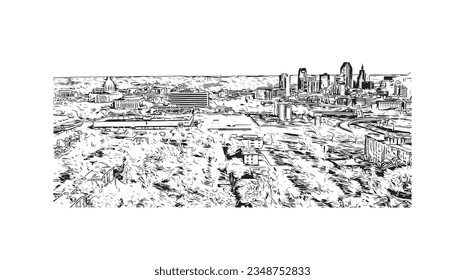 La ciudad de Minnesota ofrece vistas panorámicas a San Pablo. Dibujo a mano de ilustración de esbozo en vector.