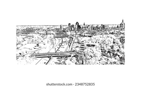 La ciudad de Minnesota ofrece vistas panorámicas a San Pablo. Dibujo a mano de ilustración de esbozo en vector.