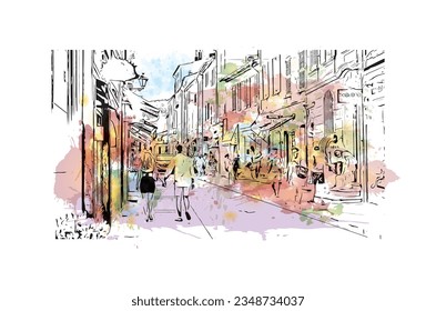 Building view with landmark of  Saint Tropez is the commune in France. Watercolor splash with hand drawn sketch illustration in vector.